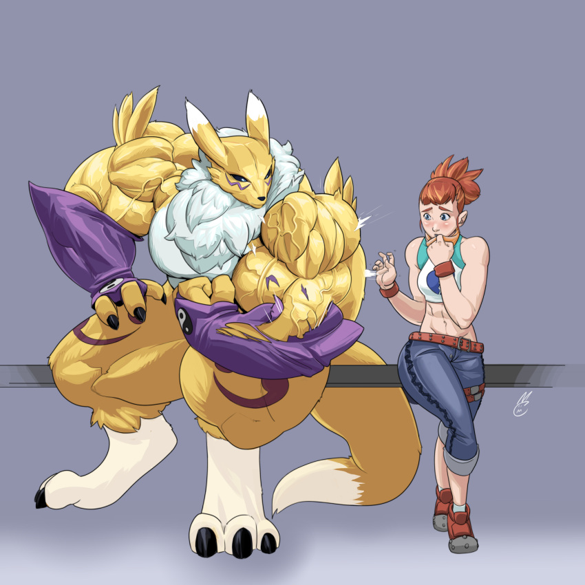 2020 anthro bandai_namco big_muscles blush clothing crop_top digimon digimon_(species) duo female hi_res huge_muscles human hyper hyper_muscles mammal mivadoman muscular muscular_female renamon rika_nonaka shirt size_difference topwear torn_clothing xylem