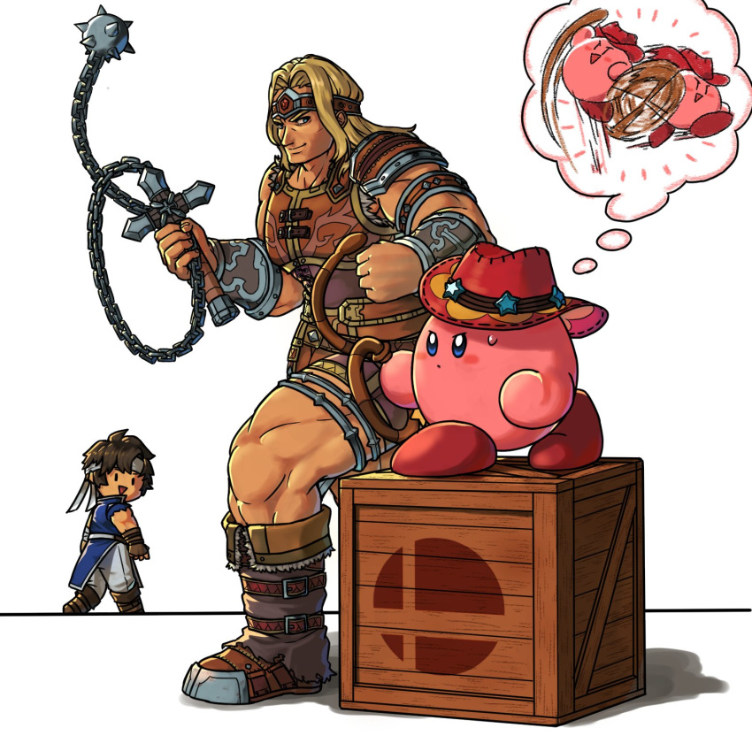 armor artist_request belt blonde_hair blue_eyes brown_hair cape castlevania castlevania:_rondo_of_blood chibi copy_ability gloves hat headband highres kirby kirby_(series) long_hair male_focus multiple_boys muscle nintendo open_mouth richter_belmondo simon_belmondo simple_background smile super_smash_bros. super_smash_bros._ultimate weapon whip white_background