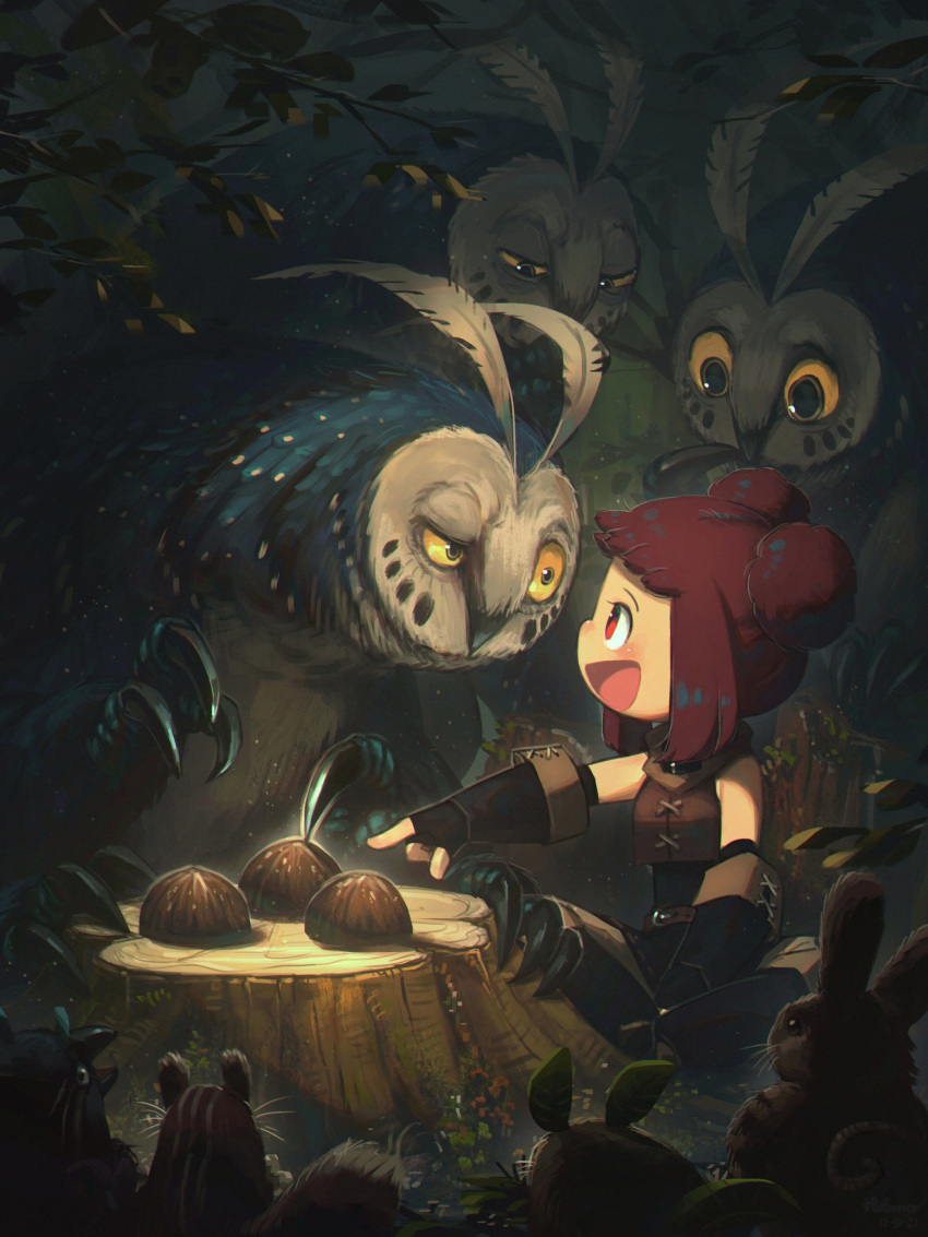 1girl :d absurdres animal beak bird colored_sclera creature english_commentary enne_(porforever) fantasy feathers fingerless_gloves gloves green_eyes highres indian_style leaf looking_at_another nature nut_(food) original owl pointing porforever red_eyes red_hair shell short_twintails sitting smile talons tree_stump twintails uneven_eyes yellow_sclera