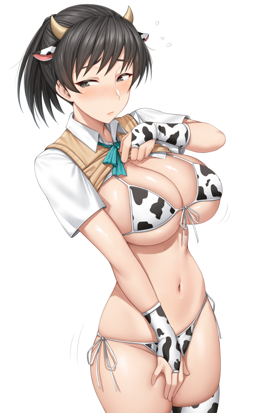 1girl absurdres amagami animal_ears animal_print bikini black_hair breasts bridal_gauntlets cleavage closed_mouth clothes_lift collared_shirt cow_ears cow_horns cow_print cowboy_shot flying_sweatdrops from_side front-tie_bikini front-tie_top grey_eyes highres horns large_breasts lifted_by_self looking_to_the_side navel neck_ribbon raised_eyebrows ribbon shirt shirt_lift short_hair short_sleeves side-tie_bikini simple_background skindentation solo spoken_sweatdrop sweatdrop sweater_vest swimsuit thighhighs tsukahara_hibiki white_background yakimi_27