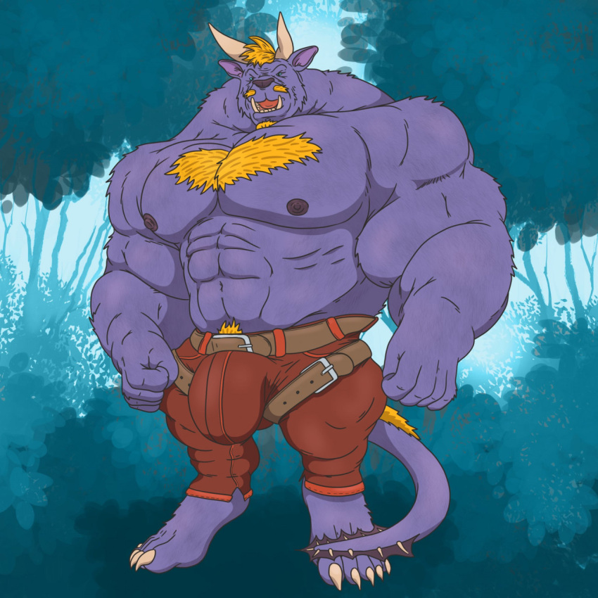 anthro anthrofied behemoth_(ff) belt big_bulge big_muscles bottomwear bulge chrm clothing digitigrade final_fantasy hi_res huge_bulge male muscular pants purple_body solo square_enix tight_bottomwear tight_clothing tight_pants video_games