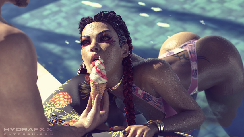1boy 1girl 3d apex_legends artist_name ass backless_swimsuit black_male_swimwear blurry blurry_background bracelet braid breasts brown_eyes brown_hair commentary dark-skinned_female dark_skin depth_of_field eyelashes eyeshadow food gradient_hair hetero hydrafxx ice_cream jewelry licking loba_(apex_legends) looking_at_another makeup male_swimwear multicolored_hair nail_polish necklace open_mouth pineapple_print pool print_male_swimwear purple_swimsuit red_eyeshadow red_hair red_nails ring sexually_suggestive swim_trunks swimsuit teeth tongue tongue_out twin_braids upper_teeth water web_address wet