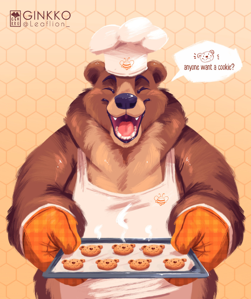 2021 absurd_res anthro apron biped black_nose brown_body brown_fur chef_hat clothing cookie english_text eyes_closed food fur ginkko hat headgear headwear hi_res mammal overweight solo text ursid