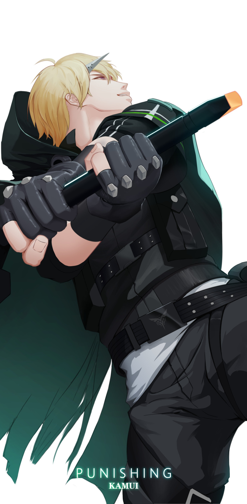 1boy absurdres bangs black_gloves black_jacket black_pants blonde_hair brown_eyes cape colomar fingerless_gloves gloves green_cape grin highres holding holding_sword holding_weapon jacket kamui_(punishing:_gray_raven) pants partially_fingerless_gloves punishing:_gray_raven short_hair simple_background sleeves_past_elbows smile solo sword teeth weapon white_background