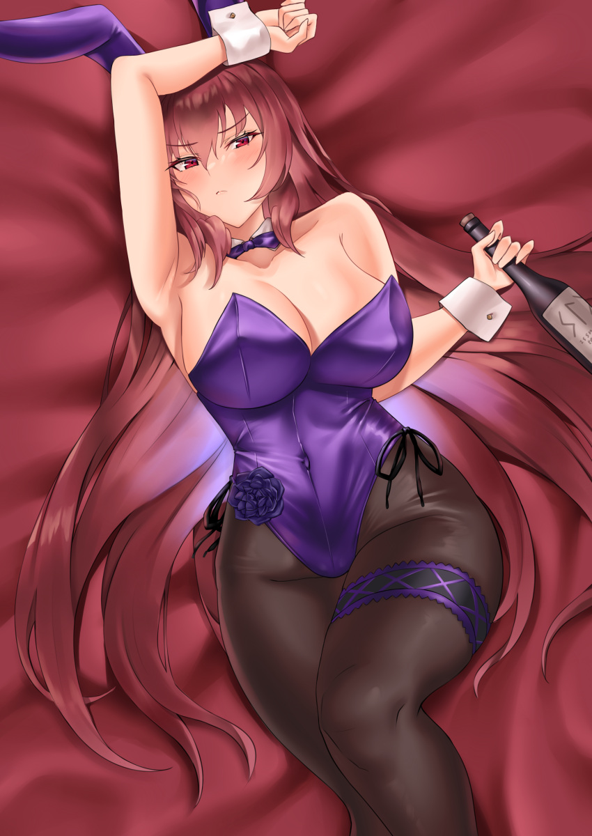 1girl absurdres animal_ears armpits bangs bare_shoulders blush bottle breasts cleavage crimecrime fake_animal_ears fate/grand_order fate_(series) fishnet_legwear fishnets hairband highleg highleg_leotard highres large_breasts leotard long_hair looking_at_viewer piercing_bunny playboy_bunny purple_hair purple_hairband purple_leotard rabbit_ears red_eyes scathach_(fate) solo thighs wine_bottle wrist_cuffs