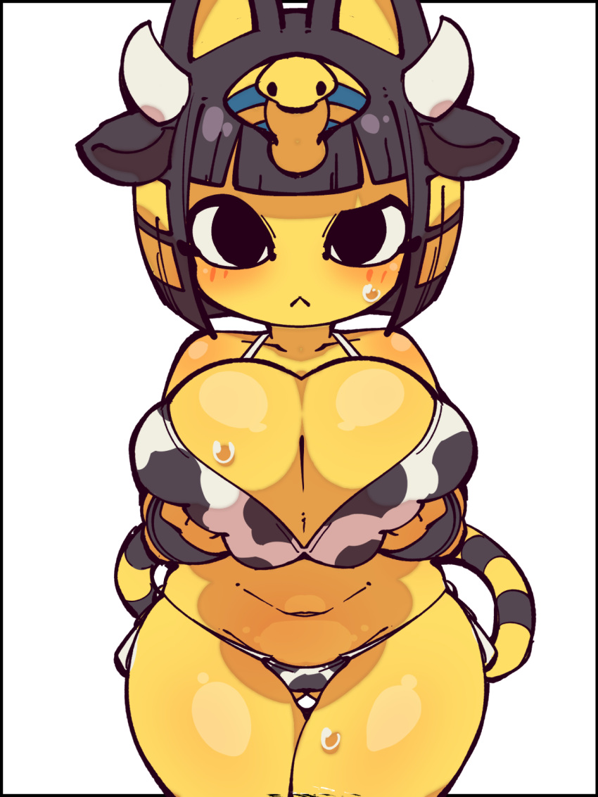 :&lt; alternate_costume animal_crossing animal_ears animal_print ankha_(animal_crossing) anthro bangs big_breasts bikini black_eyes black_hair blonde_hair blue_hair blunt_bangs blush bodily_fluids breast_squeeze breasts butt cat_ears_(disambiguation) cat_tail closed_mouth clothing cow_print domestic_cat egyptian felid feline felis female fukurou0807 hair hi_res holding_breast horn looking_at_viewer mammal multicolored_hair multiple_angles nintendo panties short_hair side-tie_bikini simple_background solo sweat swimwear underwear video_games white_background yellow_body