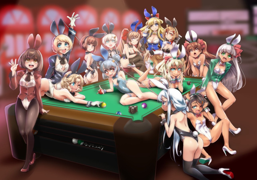 6+girls alternate_costume animal_ears ascot ass ball bare_legs billiard_ball black_ascot black_bow black_bowtie black_hair black_legwear black_leotard blonde_hair blue_bow blue_bowtie blue_coat blue_eyes blue_hair blue_leotard bow bowtie brown_ascot brown_eyes brown_hair coat commentary_request cue_stick detached_collar double_bun fletcher_(kancolle) gloves grecale_(kancolle) green_eyes hibiki_(kancolle) holding_cue_stick janus_(kancolle) jervis_(kancolle) johnston_(kancolle) kantai_collection leotard libeccio_(kancolle) long_hair looking_at_viewer maestrale_(kancolle) multiple_girls open_mouth pantyhose playboy_bunny poker_chip ponytail pool_ball pool_table rabbit_ears rabbit_tail red_bow red_bowtie red_coat round_teeth samuel_b._roberts_(kancolle) scirocco_(kancolle) short_hair silver_hair tail tailcoat tan tan_yang_(kancolle) tashkent_(kancolle) teeth thighhighs twintails udukikosuke upper_teeth verniy_(kancolle) white_coat white_gloves white_leotard wrist_cuffs yukikaze_(kancolle) z1_leberecht_maass_(kancolle) z3_max_schultz_(kancolle)