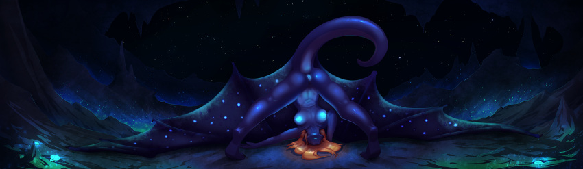 anthro blue_body breasts butt cave dragon female genitals glowing glowing_nipples hair hi_res littlenapoleon membrane_(anatomy) membranous_wings nipples nude presenting presenting_pussy pussy reptile scalie solo text watsup western_dragon wings