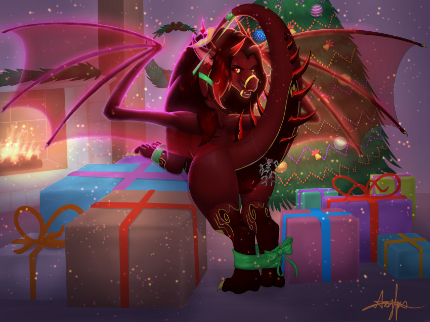 4:3 absurd_res adrim anus bedroom_eyes butt christmas christmas_present christmas_tree decoration dragon female feral genitals hi_res holidays horn mistletoe narrowed_eyes plant presenting presenting_anus presenting_hindquarters presenting_pussy pussy raised_leg raised_tail red_body red_eyes scalie seductive solo spread_wings tongue tongue_out tree western_dragon wings ych_result
