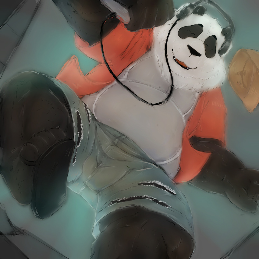 2021 anthro belly black_body black_nose bottomwear clothing eyes_closed giant_panda headphones hi_res humanoid_hands kemono laohu lying male mammal overweight overweight_male shirt shorts solo topwear ursid white_body