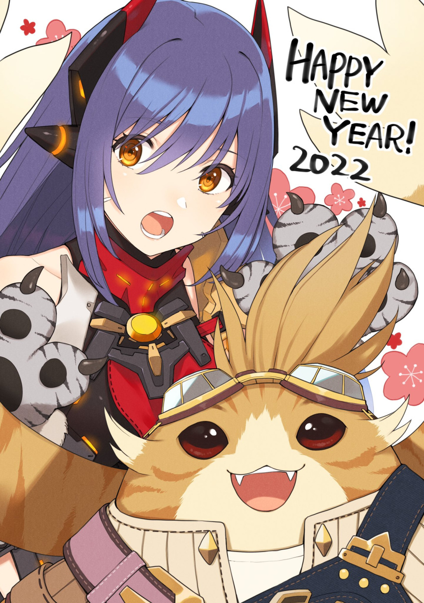 1boy 1girl 2022 :3 :d :o android animal_hands bangs blue_hair breasts commentary_request eyebrows_visible_through_hair goggles goggles_on_head happy_new_year highres kinagi_(3307377) leotard long_hair looking_at_viewer new_year nopon open_mouth poppi_(xenoblade) poppi_qtpi_(xenoblade) robot_ears smile tiger_paws tora_(xenoblade_2) xenoblade_chronicles_(series) xenoblade_chronicles_2 yellow_eyes