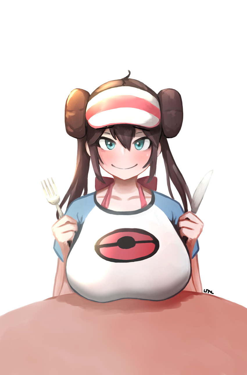 1girl absurdres alternate_breast_size bangs blue_eyes blush breast_rest breasts breasts_on_table brown_hair collarbone double_bun fork highres holding holding_fork holding_knife huge_breasts knife long_hair looking_at_viewer nokotchi pokemon pov_across_table rosa_(pokemon) smile solo table twintails visor_cap