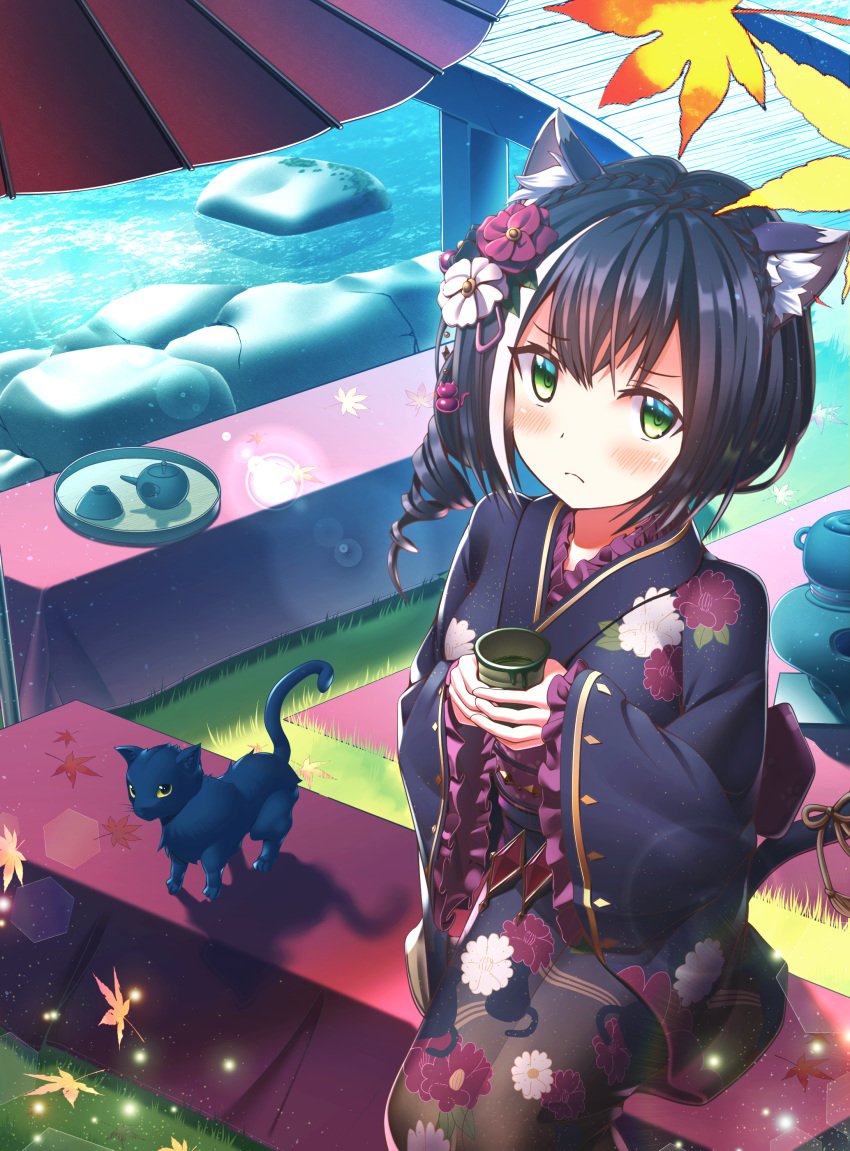 1girl absurdres animal_ear_fluff animal_ears bangs black_hair black_kimono blush braid cat cat_ears cat_girl cat_tail commentary_request crown_braid cup eyebrows_visible_through_hair floral_print flower green_eyes hair_bun hair_flower hair_ornament hazakura_shoha highres holding holding_cup japanese_clothes karyl_(princess_connect!) kimono long_sleeves multicolored_hair partial_commentary princess_connect! print_kimono ribbon side_bun streaked_hair tail tail_ornament tail_ribbon white_hair wide_sleeves