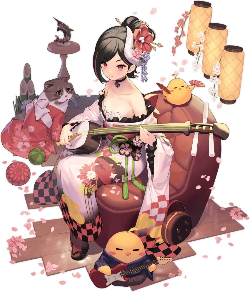 1girl azur_lane bare_shoulders black_choker breasts brown_hair cat choker cleavage cross floral_print flower hair_flower hair_ornament highres holding instrument iron_cross japanese_clothes kimono kinjo_kuromomo long_hair manjuu_(azur_lane) off-shoulder_kimono official_alternate_costume official_art petals pink_flower pink_kimono plectrum purple_eyes shamisen small_breasts solo transparent_background u-37_(azur_lane) u-37_(new_year's_nightingale)_(azur_lane) white_flower wide_sleeves