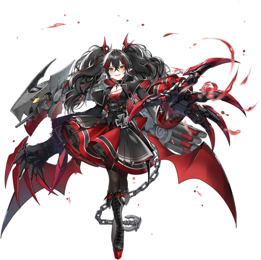 1girl ambiguous_red_liquid anchor azur_lane bat_wings black_capelet black_collar black_corset black_dress black_footwear black_hair boots breasts capelet chain claw_(weapon) cleavage collar corset cross dress earrings full_body gothic_lolita hair_between_eyes hair_ornament highres iron_cross jewelry layered_dress lolita_fashion looking_at_viewer mechanical_arms medal multicolored_clothes multicolored_dress multicolored_hair official_art open_clothes pantyhose petticoat pointy_ears red_dress red_hair small_breasts solo streaked_hair torpedo torpedo_launcher transparent_background twintails vilor weapon white_hair wide_sleeves wings yellow_eyes z24_(azur_lane)