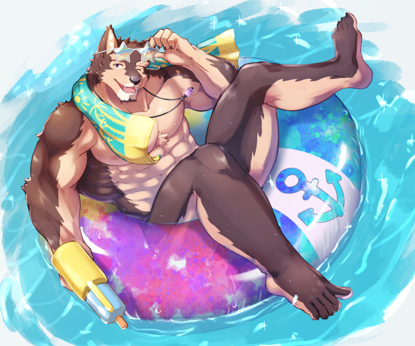 1boy abs animal_ears bara dog_boy dog_ears dog_tail erisu_(7575el) facial_hair furry furry_male goatee holding holding_watering_can innertube large_pectorals live_a_hero looking_at_viewer male_focus mature_male muscular muscular_male nipples pectorals pubraseer_(live_a_hero) short_hair smile solo star_shades stomach sunglasses tail thick_thighs thighs topless_male towel towel_around_neck watering_can