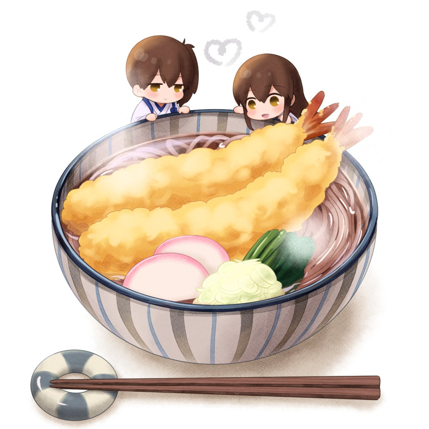 2girls akagi_(kancolle) blush bowl brown_eyes brown_hair chopsticks eyebrows_visible_through_hair food hair_between_eyes heart highres japanese_clothes kaga_(kancolle) kantai_collection long_hair minigirl multiple_girls natsume_(natsume_melio) noodles open_mouth shrimp shrimp_tempura side_ponytail simple_background smile soba tasuki tempura white_background