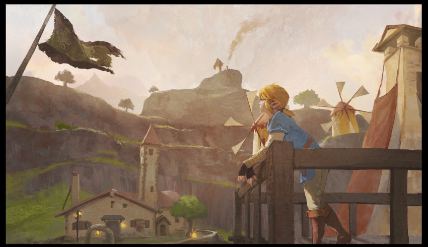 1boy against_fence black_gloves blonde_hair blue_tunic boots brown_footwear building cloud commentary_request day door fence fingerless_gloves flag gloves grass highres link long_hair looking_up male_focus minami_cha outdoors pants sky standing the_legend_of_zelda the_legend_of_zelda:_breath_of_the_wild torn_flag tree windmill