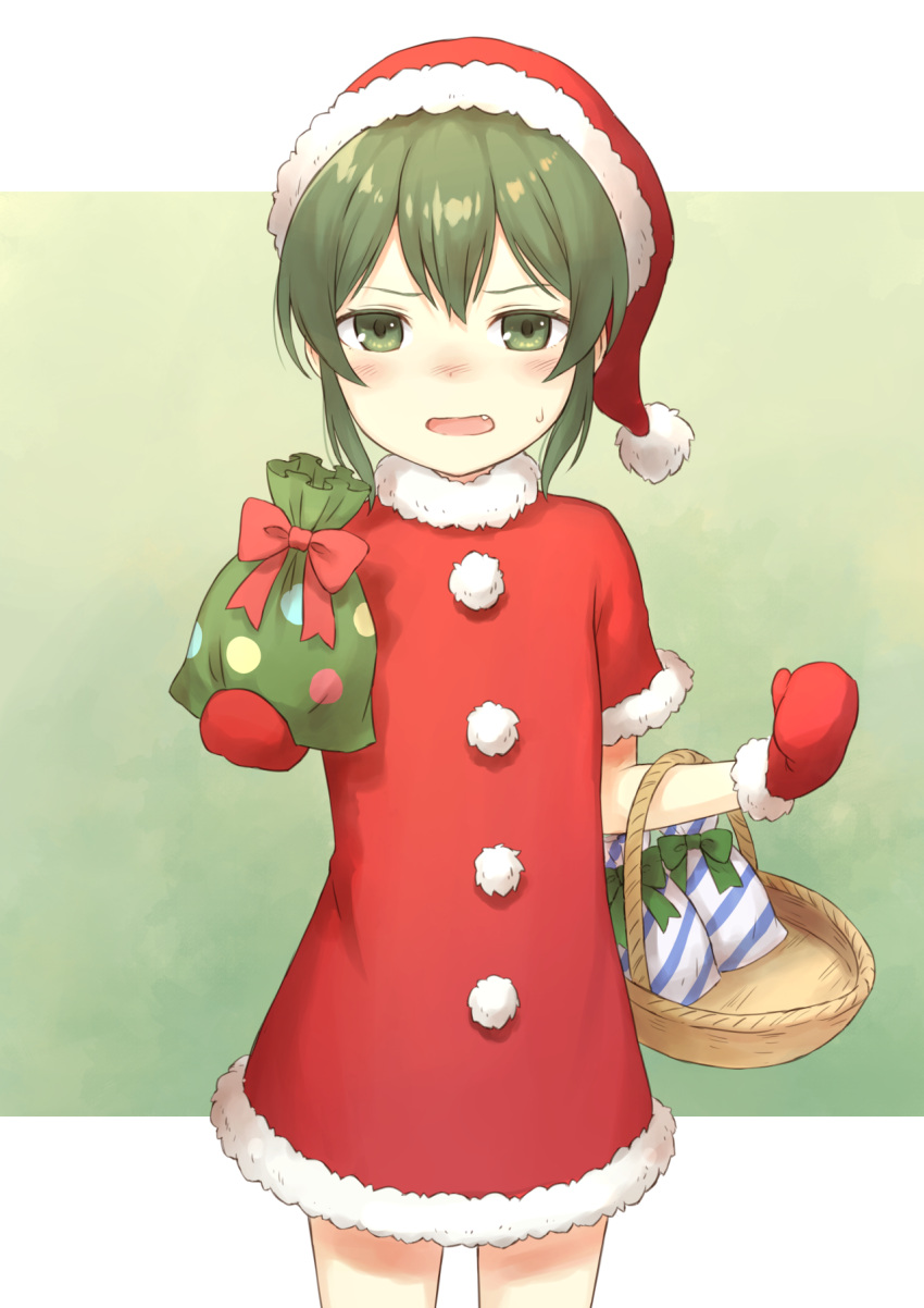 104 1girl bangs basket blush commentary_request cowboy_shot fang fur_trim gift gloves gradient gradient_background green_background green_eyes green_hair hat highres holding holding_basket holding_gift igarashi_futaba_(shiromanta) letterboxed looking_at_viewer medium_hair open_mouth outside_border santa_costume santa_dress santa_gloves santa_hat senpai_ga_uzai_kouhai_no_hanashi solo standing