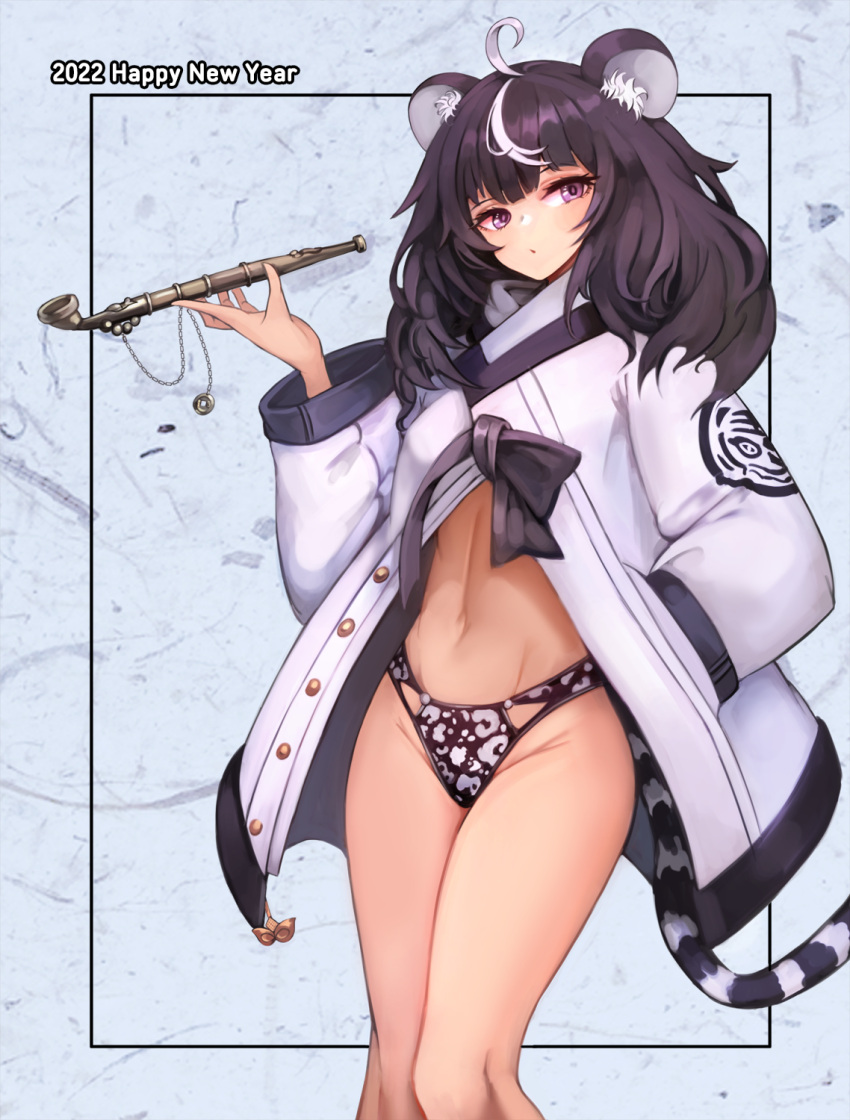 1girl 2022 ahoge animal_ear_fluff animal_ears bangs black_hair black_panties chain chinese_zodiac coat commentary_request groin hand_in_pocket happy_new_year head_tilt highres long_hair long_sleeves looking_at_viewer multicolored_hair navel new_year no_pants notte open_clothes open_coat original panties pipe purple_eyes shiny shiny_hair solo standing stomach streaked_hair tail tiger_ears tiger_girl tiger_tail unbuttoned underwear white_coat white_hair white_panties wide_sleeves year_of_the_tiger