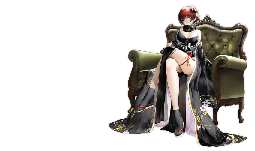 1girl ass azur_lane bangs black_legwear breasts cleavage closed_eyes closed_fan couch crossed_legs folding_fan geta hair_ornament hand_fan haori_io holding holding_fan indoors large_breasts looking_at_viewer off-shoulder_kimono off_shoulder official_alternate_costume official_art on_couch red_eyes red_hair short_hair sitting socks solo thigh_strap transparent_background weser_(azur_lane) weser_(obsidian_elegance)_(azur_lane)