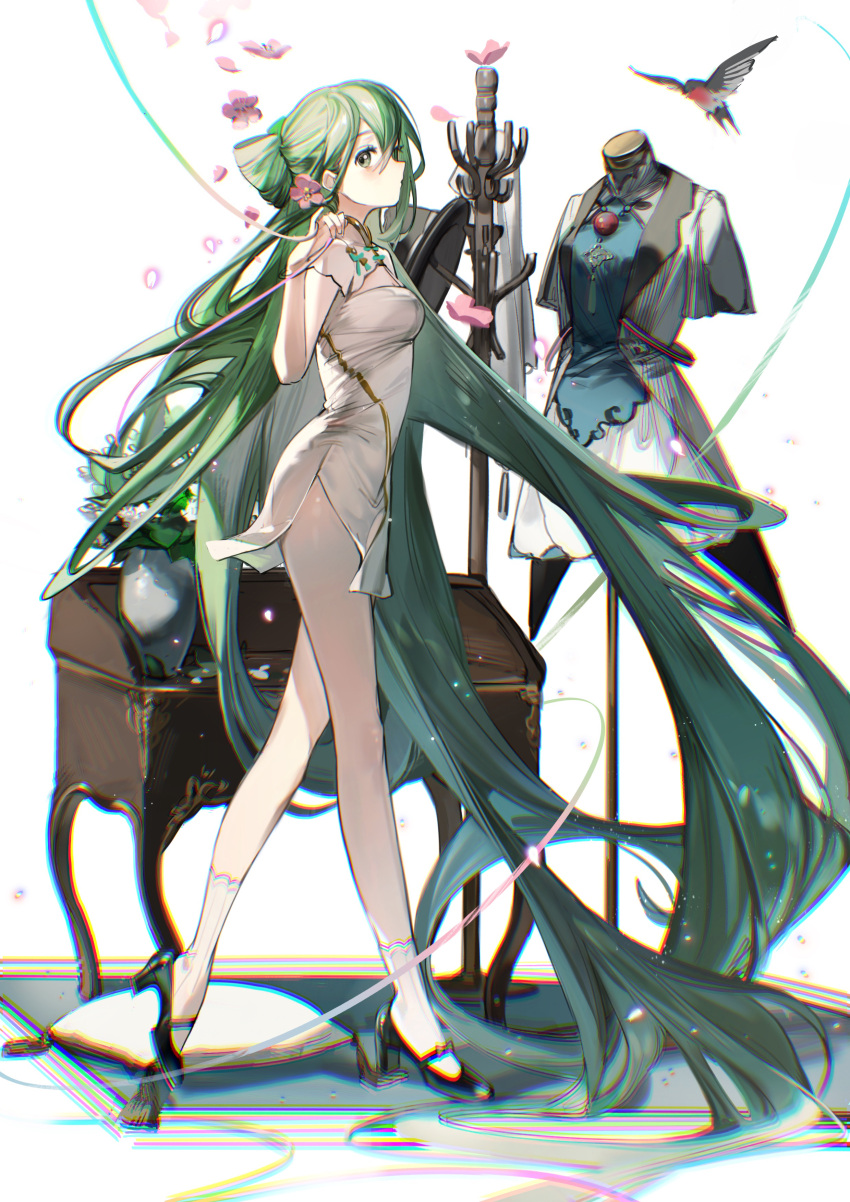 1girl absurdly_long_hair absurdres animal bangs between_fingers bird black_headwear blush breasts china_dress chinese_clothes chromatic_aberration cleavage clothes_rack cushion desk dress eyelashes falling_petals flower folded_hair from_side full_body green_eyes green_hair hair_flower hair_ornament hand_up hat hat_removed hatsune_miku headwear_removed high_heels highres long_hair looking_at_viewer mannequin miku_with_you_(vocaloid) petals pillow pink_flower pinky_out plantar_flexion profile rainbow_gradient rug rumoon see-through_silhouette shaohua_hatsune_miku short_dress short_sleeves sideways_glance socks solo standing standing_on_one_leg swallow_(bird) tassel thread vase very_long_hair vocaloid white_background white_dress white_flower white_legwear