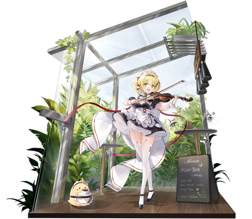 1girl alternate_costume anchor_symbol apron azur_lane back_bow black_dress black_footwear bow breasts bunny coffee cup dress emerald_(gemstone) enmaided frilled_apron frills full_body garter_straps green_eyes hair_ornament high_heels highres holding holding_cup holding_instrument instrument long_hair maid maid_apron maid_cafe maid_headdress manjuu_(azur_lane) medium_breasts menu_board official_alternate_costume official_art open_mouth puffy_short_sleeves puffy_sleeves red_ribbon ribbon short_sleeves solo southampton_(afternoon_impromptu)_(azur_lane) southampton_(azur_lane) thighhighs transparent_background vilor violin white_apron white_bow white_garter_straps white_legwear wooden_floor wrist_cuffs x_hair_ornament