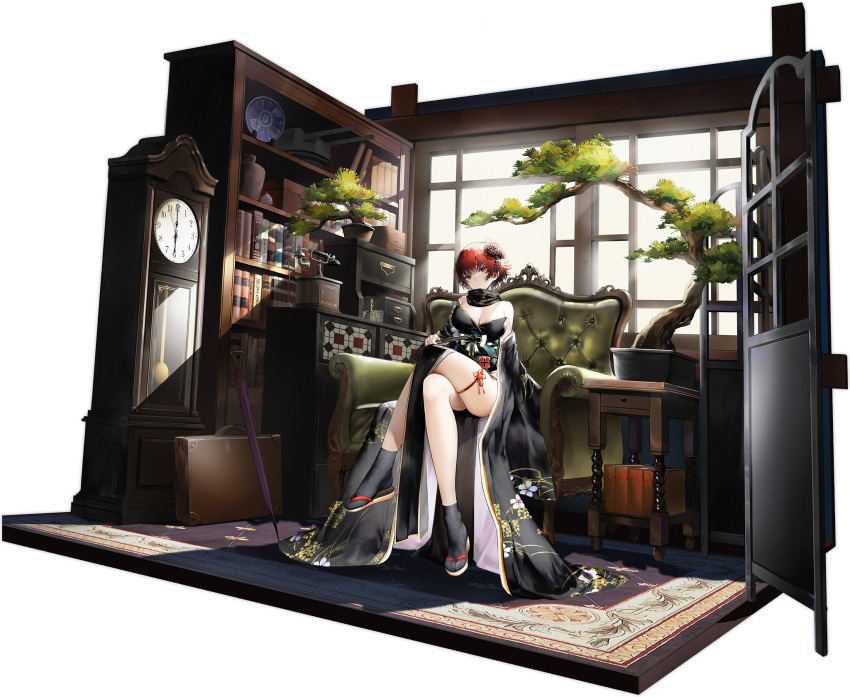 1girl ass azur_lane bangs black_legwear bonsai book bookshelf breasts cleavage closed_eyes closed_fan couch crossed_legs folding_fan geta hair_ornament hand_fan haori_io highres holding holding_fan indoors large_breasts looking_at_viewer off-shoulder_kimono off_shoulder official_alternate_costume official_art on_couch plant potted_plant red_eyes red_hair short_hair sitting socks solo thigh_strap transparent_background weser_(azur_lane) weser_(obsidian_elegance)_(azur_lane)