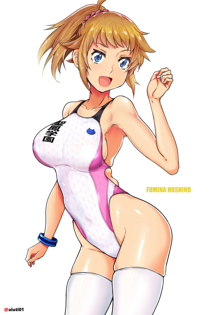 1girl absurdres adapted_costume aiuti blue_eyes breasts brown_hair character_name collarbone commentary_request competition_swimsuit cowboy_shot gundam gundam_build_fighters gundam_build_fighters_try highleg highleg_swimsuit highres hoshino_fumina medium_breasts one-piece_swimsuit open_mouth ponytail smile solo standing swimsuit thighhighs twitter_username white_legwear white_swimsuit zettai_ryouiki