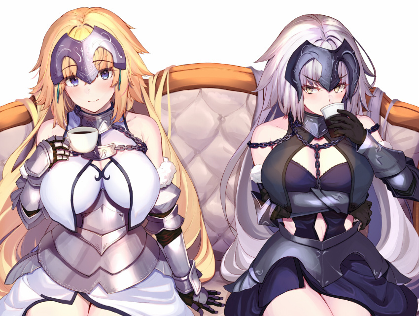 2girls armor armored_dress bangs bare_shoulders blonde_hair blue_eyes blush breasts chain clothing_cutout commentary_request cup drinking elbow_gloves eyebrows_visible_through_hair fate/apocrypha fate/grand_order fate_(series) fur_trim gauntlets gloves headpiece jeanne_d'arc_(alter)_(fate) jeanne_d'arc_(fate) jeanne_d'arc_(fate/apocrypha) large_breasts long_hair looking_at_viewer multiple_girls navel ninoude_(ninoude44) silver_hair sitting smile thighs white_background yellow_eyes