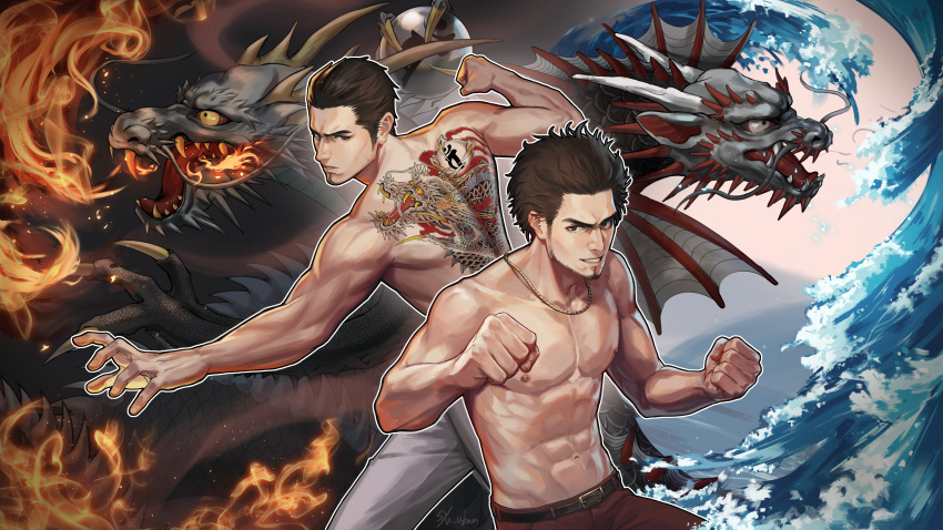 2boys abs absurdres afro black_hair brown_hair clenched_hand clenched_hands colored_sclera dragon dragonfish eastern_dragon facial_hair fangs fire grey_pants highres horns irezumi jewelry kasuga_ichiban kiryuu_kazuma male_focus manly multiple_boys necklace pants red_pants ryuu_ga_gotoku ryuu_ga_gotoku_1 ryuu_ga_gotoku_7 sharp_teeth smile syu_uban tattoo teeth trait_connection water yellow_sclera
