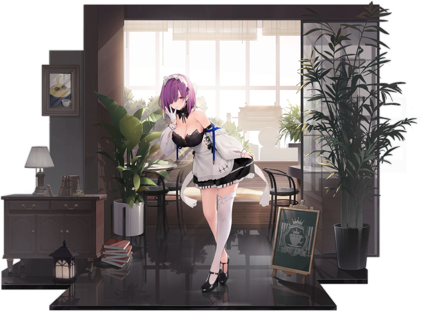 1girl asymmetrical_legwear azur_lane bare_shoulders black_footwear breasts cleavage gloves high_heels highres large_breasts looking_at_viewer maid maid_cafe maid_headdress official_alternate_costume official_art one_eye_covered penelope_(azur_lane) penelope_(salty_maid)_(azur_lane) purple_hair short_hair standing suisai thighhighs transparent_background uneven_legwear white_gloves white_legwear
