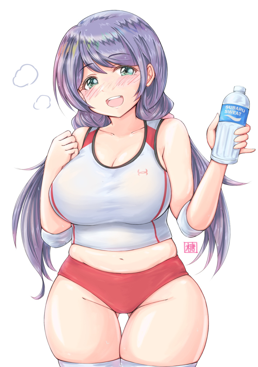 1girl :d absurdres alternate_costume aqua_eyes bangs bare_arms bare_shoulders blush bottle breasts buruma cleavage curvy groin gym_uniform highres holding holding_bottle impossible_clothes impossible_shirt large_breasts long_hair looking_at_viewer love_live! love_live!_school_idol_project low_twintails midriff navel open_mouth parted_bangs plump pocari_sweat purple_hair red_buruma school_uniform scrunchie shirt skin_tight skindentation smile solo swept_bangs tank_top teeth thighhighs thighs tong_shui toujou_nozomi twintails upper_teeth water_bottle white_legwear white_tank_top wide_hips