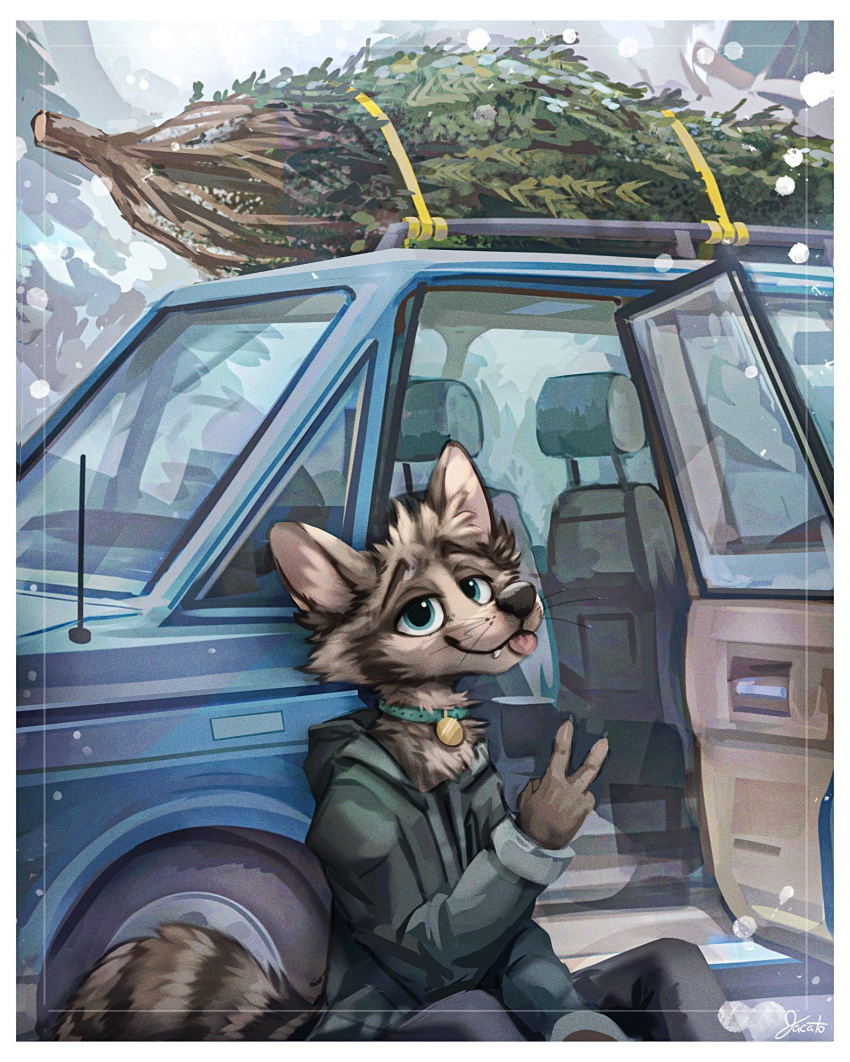 2021 anthro biped black_nose blep blue_bottomwear blue_car blue_clothing blue_pants bottomwear brown_body brown_fur car cheek_tuft chest_tuft christmas christmas_tree claws clothed clothing cold collar cute_fangs detailed_background digital_media_(artwork) eyebrows facial_tuft finger_claws fully_clothed fur gesture glistening glistening_eyes green_clothing green_hoodie green_topwear head_tuft hi_res holidays hoodie jacato jono looking_at_viewer male mammal neck_tuft outside pants plant procyonid raccoon signature sitting smile smiling_at_viewer snow snowing solo tongue tongue_out topwear tree tuft v_sign vehicle whisker_spots whiskers winter