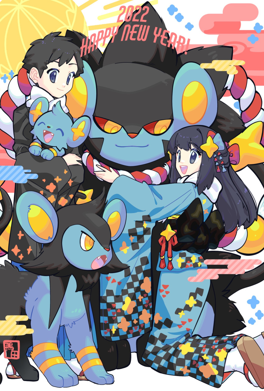 1boy 1girl :d alternate_costume bangs black_hair blue_kimono closed_mouth commentary_request dawn_(pokemon) grey_eyes hair_ornament highres japanese_clothes kamota_(momokomati) kimono kneeling long_hair lucas_(pokemon) luxio luxray open_mouth pokemon pokemon_(creature) pokemon_(game) pokemon_dppt scarf shinx short_hair sidelocks smile tabi teeth tongue upper_teeth white_scarf wide_sleeves zouri