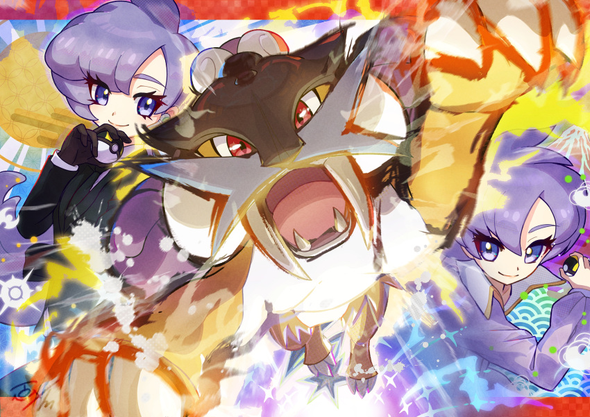 1girl anabel_(pokemon) black_jacket closed_mouth commentary_request eyelashes gloves highres holding holding_poke_ball jacket long_hair poke_ball pokemon pokemon_(creature) pokemon_(game) pokemon_emerald pokemon_rse pokemon_sm purple_eyes purple_hair raikou shirt smile tom_(pixiv10026189) ultra_ball white_shirt