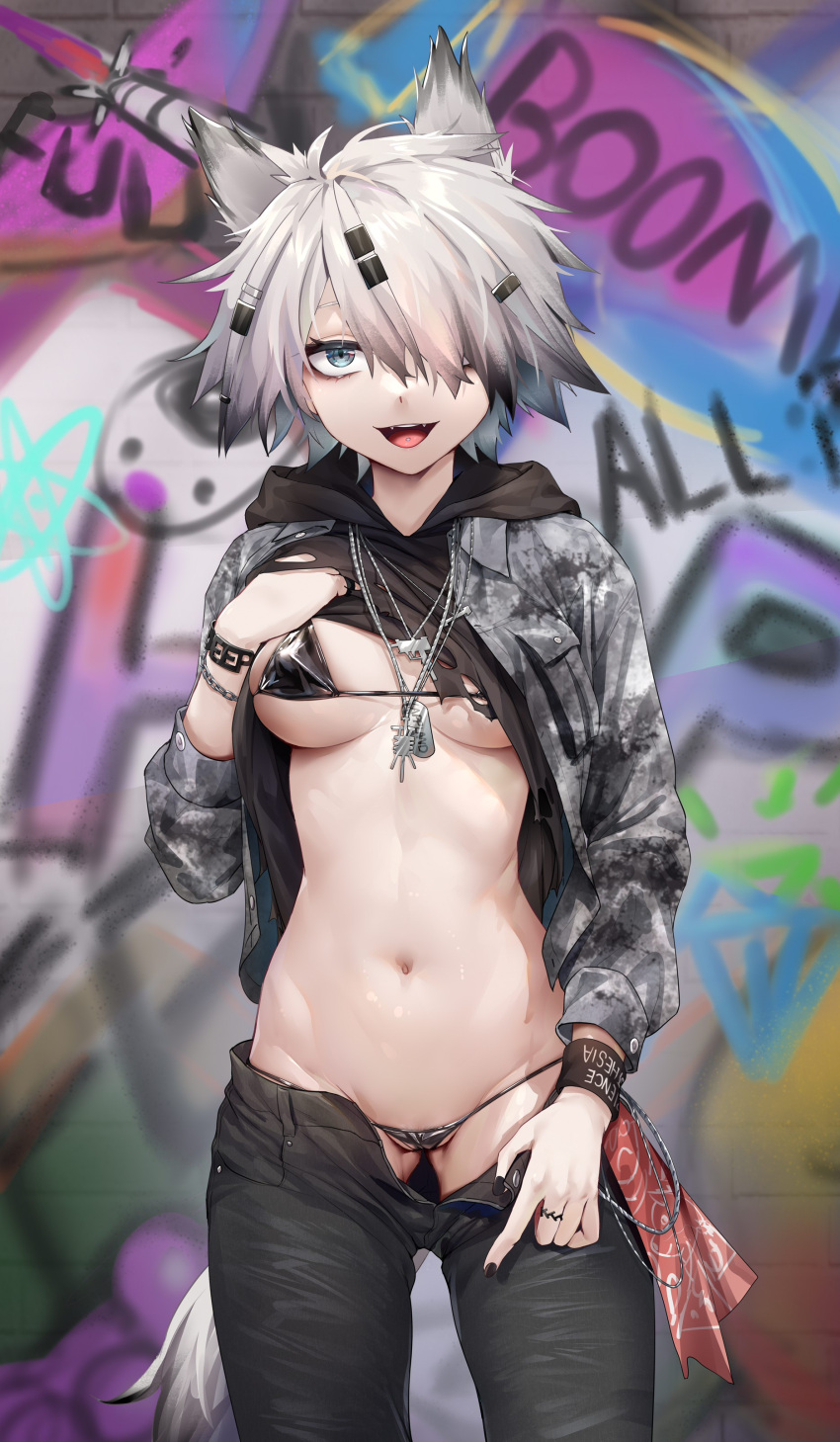 1girl :d absurdres animal_ears arknights bangs bikini black_bikini black_hoodie black_nails black_pants breasts chinese_commentary commentary_request cowboy_shot grey_eyes grey_jacket hair_ornament hair_over_one_eye hairclip highres hood hoodie hoodie_lift jacket jewelry lappland_(arknights) large_breasts lifted_by_self long_sleeves looking_at_viewer nail_polish navel necklace open_fly pants piercing ray_(pixiv9514208) short_hair silver_hair smile solo standing stomach string_bikini swimsuit tail tongue_piercing wolf_ears wolf_girl wolf_tail wristband