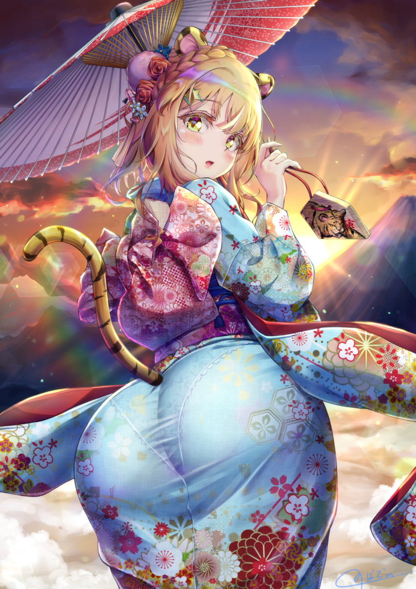 1boy animal_ears ass blue_kimono braid cloud commentary_request ema floral_print flower from_behind hair_flower hair_ornament highres holding holding_ema holding_umbrella japanese_clothes kimono lens_flare looking_at_viewer looking_back mountain natsusora_wakana novady obi oil-paper_umbrella open_mouth orange_hair original otoko_no_ko outdoors pantylines print_kimono sash sidelocks signature sky sun sunrise tail taut_clothes tiger_ears tiger_tail umbrella yellow_eyes