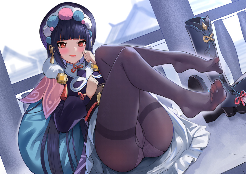 1girl bangs black_hair blunt_bangs blush bonnet breasts dress feet fur_collar genshin_impact grey_legwear gusset highres legs long_hair long_sleeves looking_at_viewer medium_breasts open_mouth pantyhose purple_dress purple_headwear red_eyes skirt smile solo tassel thighband_pantyhose thighs underbust white_skirt yonoki yunjin_(genshin_impact)