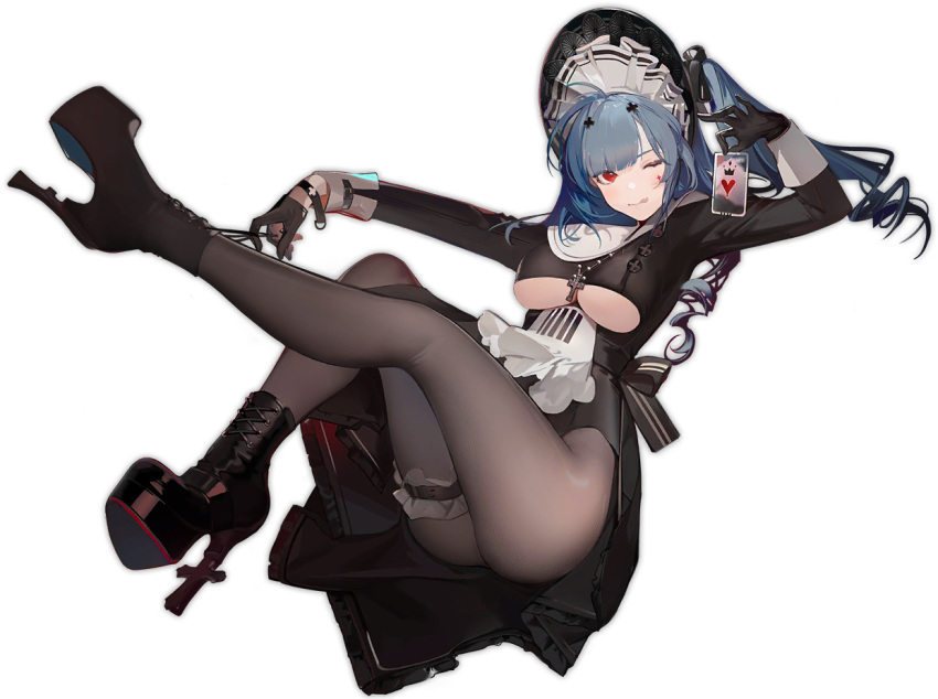 1girl :p azur_lane black_footwear black_gloves black_legwear blue_hair breasts forked_tongue gloves hair_ornament high_heels large_breasts leg_up long_hair long_sleeves looking_at_viewer lying maid maid_headdress marco_polo_(azur_lane) marco_polo_(the_queen_of_hearts)_(azur_lane) nineo official_alternate_costume official_art on_back one_eye_closed pantyhose red_eyes thigh_strap thighs tongue tongue_out transparent_background underboob wrist_cuffs