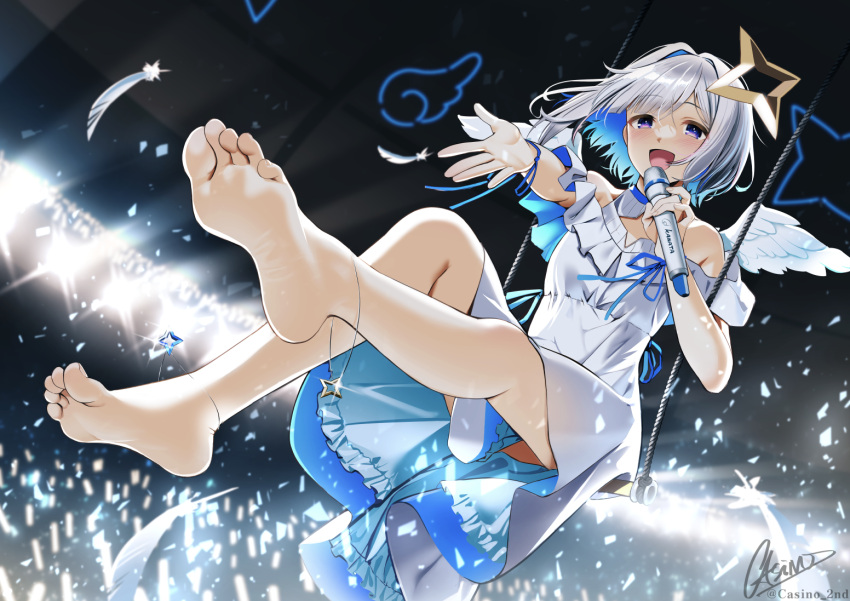 1girl :d amane_kanata angel_wings bangs bare_legs barefoot blue_eyes blue_hair blush casino_(casinoep) colored_inner_hair commentary_request dress eyebrows_visible_through_hair feathers feet foot_focus foreshortening glowstick halo holding holding_microphone hololive looking_at_viewer microphone multicolored_hair off_shoulder short_sleeves signature silver_hair smile soles solo star_halo toes twitter_username virtual_youtuber white_dress wings