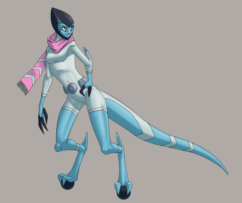 2021 2_toes 3_fingers alien alien_humanoid ben_10 biped black_claws blue_body blue_skin bodysuit breasts cartoon_network claws clothed clothing digital_drawing_(artwork) digital_media_(artwork) digitigrade eyebrows facial_markings fan_character feet female fingers fully_clothed fully_clothed_female hairless head_markings hi_res humanoid kineceleran lumen_fox markings no_irises no_pupils pink_scarf prehensile_feet scarf simple_background skinsuit smile solo standing tight_clothing toes wheels white_eyes