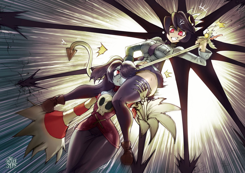 2girls battle black_legwear black_necktie black_skirt blue_hair blue_skin breasts brown_footwear closed_eyes colored_sclera colored_skin corset fighting filia_(skullgirls) flat_color futakuchi-onna grey_background hair_over_one_eye head_between_thighs highres large_breasts leviathan_(skullgirls) long_hair multiple_girls necktie neckwear_request one-eyed red_eyes samson_(skullgirls) school_uniform sharp_teeth shirt shoes skeletal_hand skirt skullgirls smile squigly_(skullgirls) stitched_mouth stitches striped striped_sleeves teeth the_golden_smurf thighhighs thighs tongue tongue_grab tongue_out twitter_username white_shirt yellow_sclera zombie