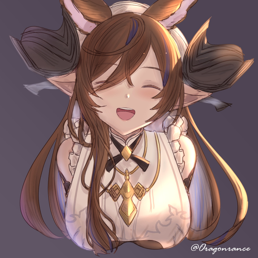 1girl absurdres animal_ears bangs bare_shoulders blush breasts brown_hair closed_eyes detached_sleeves eyebrows_visible_through_hair frills galleon_(granblue_fantasy) granblue_fantasy highres horns jewelry large_breasts long_hair multicolored_hair necklace open_mouth rans_bc smile solo streaked_hair very_long_hair