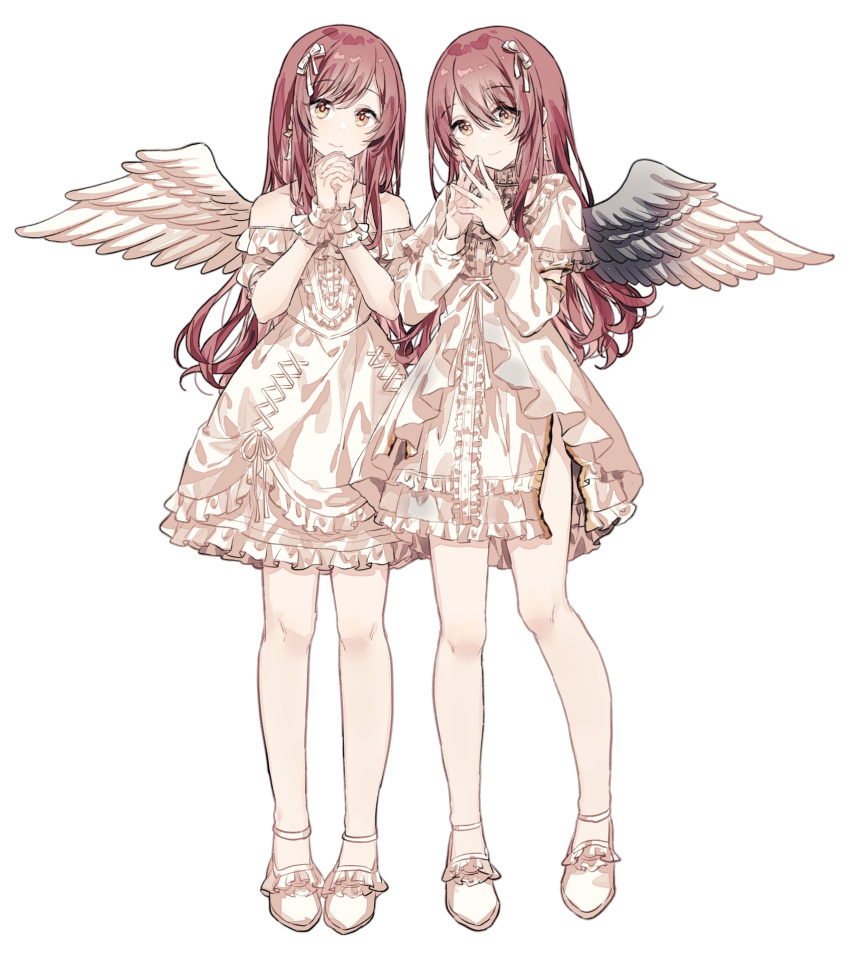 2girls absurdres bangs bare_legs bare_shoulders black_wings burnt_clothes closed_mouth cross-laced_clothes detached_sleeves dress earrings feathered_wings fingers_together frilled_dress frilled_footwear frills full_body gocoli hair_ribbon hands_up highres idolmaster idolmaster_shiny_colors interlocked_fingers jewelry long_hair long_sleeves looking_at_viewer multicolored_wings multiple_girls off-shoulder_dress off_shoulder oosaki_amana oosaki_tenka own_hands_clasped own_hands_together praying red_hair ribbon shoes short_sleeves siblings side_slit single_wing sisters smile standing swept_bangs twins very_long_hair w_arms white_dress white_footwear white_wings wings wrist_cuffs yellow_eyes