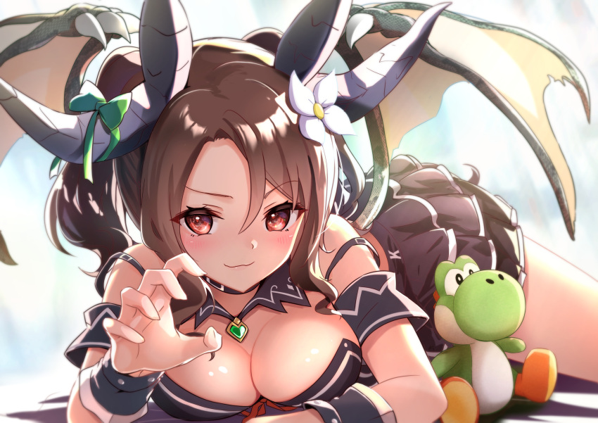 1girl alternate_hairstyle animal_ears blurry blurry_background bow breasts brown_eyes brown_hair ear_covers flower hair_flower hair_ornament highres horn_bow horn_ornament horns horse_ears horse_girl king_halo_(umamusume) looking_at_viewer lying neko_senshi smile solo umamusume wings yoshi_(nagatoro)