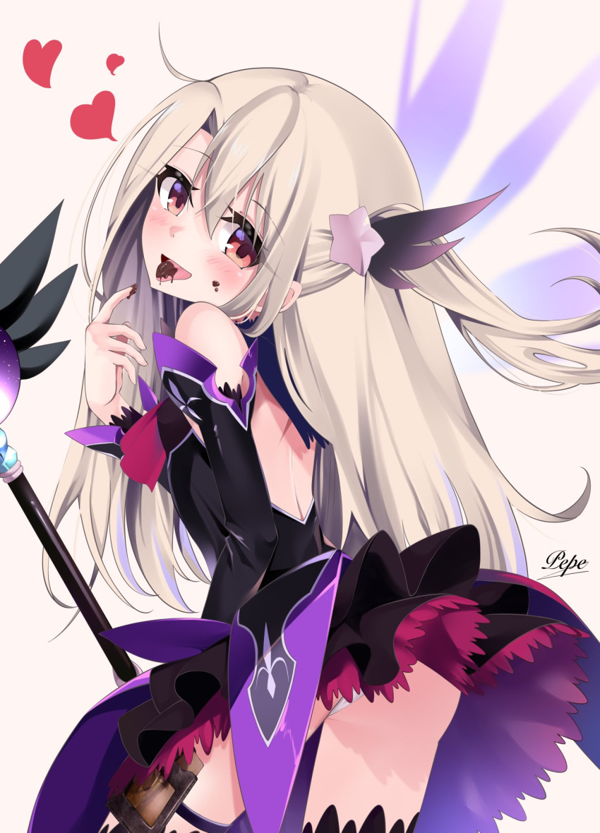 1girl ascot bare_shoulders black_dress blush breasts card_holster chocolate detached_sleeves dress earrings energy_wings fate/grand_order fate/kaleid_liner_prisma_illya fate_(series) hair_ornament heart highres illyasviel_von_einzbern jewelry kaleidostick layered_skirt long_hair looking_at_viewer looking_back one_side_up open_mouth pei_iriya purple_skirt red_eyes red_skirt sidelocks skirt small_breasts smile solo testament_(fate) tongue tongue_out wand white_hair