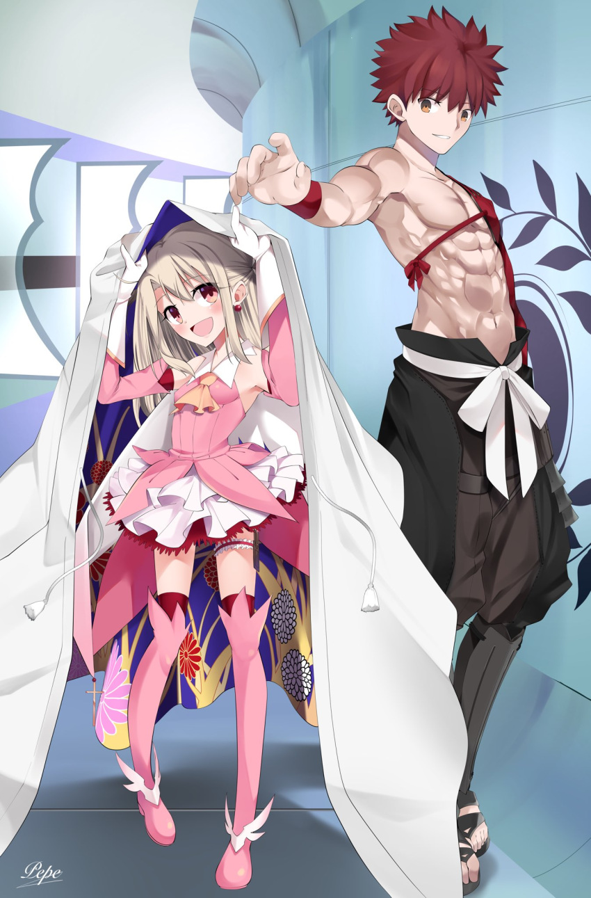 1boy 1girl abs armor ascot bare_shoulders black_pants blonde_hair blush boots breasts brown_eyes cape cloak dress earrings elbow_gloves emiya_shirou fate/grand_order fate/kaleid_liner_prisma_illya fate_(series) gloves highres igote illyasviel_von_einzbern japanese_armor jewelry layered_gloves long_hair open_mouth pants pei_iriya pink_dress pink_footwear pink_gloves prisma_illya red_eyes red_hair senji_muramasa_(fate) short_hair sidelocks single_bare_shoulder skirt small_breasts smile suneate thigh_boots white_cape white_cloak white_gloves white_skirt