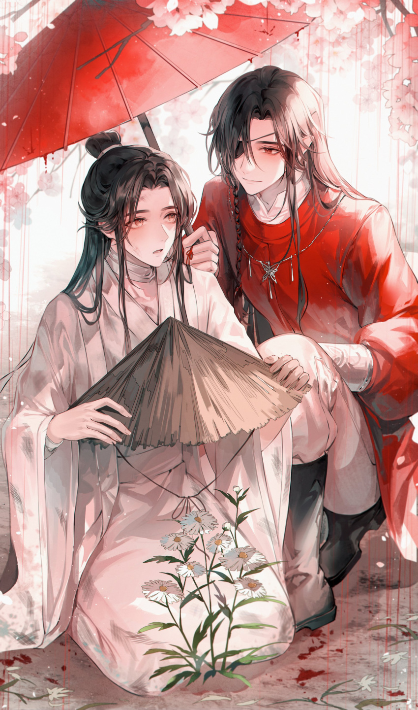 2boys absurdres bandaged_neck bandages bishounen black_hair blood blood_splatter brown_hair butterfly_necklace chamomile cherry_blossoms chinese_clothes daisy eyepatch flower highres holding holding_umbrella hua_cheng long_hair long_sleeves looking_at_another male_focus multiple_boys oil-paper_umbrella orange_eyes outdoors raining_blood red_eyes red_hanfu red_robe red_umbrella robe shared_umbrella tianguan_cifu umbrella very_long_hair white_flower white_hanfu wide_sleeves xie_lian yaoi young57440489