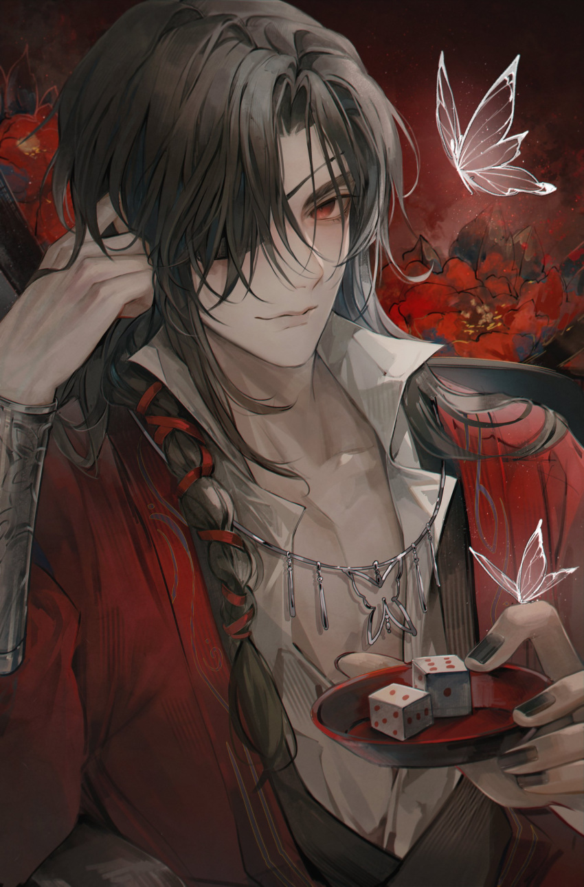 1boy absurdres bishounen black_hair bug butterfly butterfly_necklace chinese_clothes dice eyepatch glowing_butterfly hair_ribbon highres hua_cheng long_hair long_sleeves looking_at_viewer male_focus red_eyes red_hanfu red_ribbon ribbon tianguan_cifu very_long_hair white_butterfly young57440489